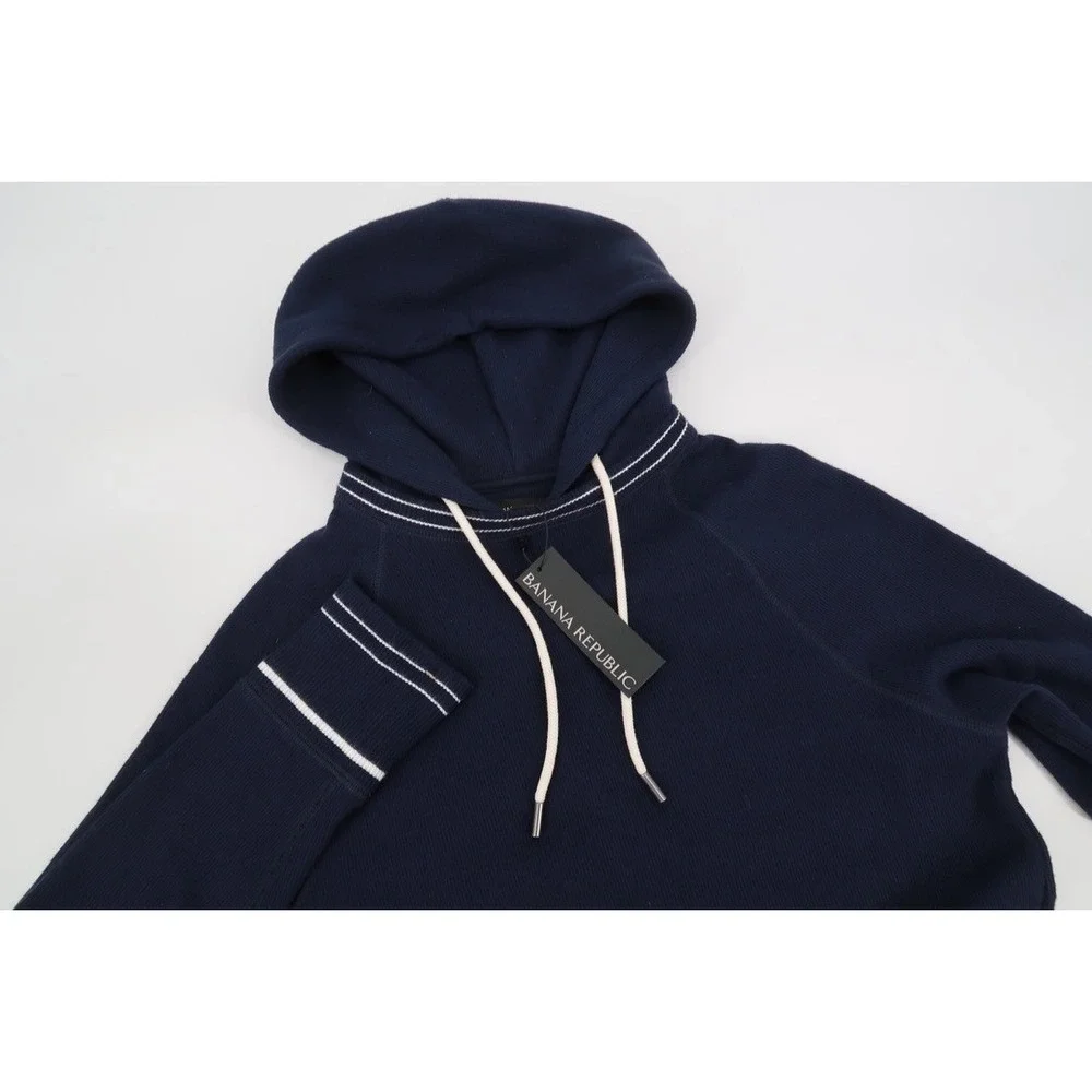 Banana Republic Hoodie Mens Small Navy Brushed Waffle Knit Contrast Pullover NEW
